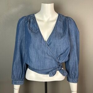 Madewell Wrap Top small Blue Chambray Denim Puff Sleeve V-Neck Cottage Western